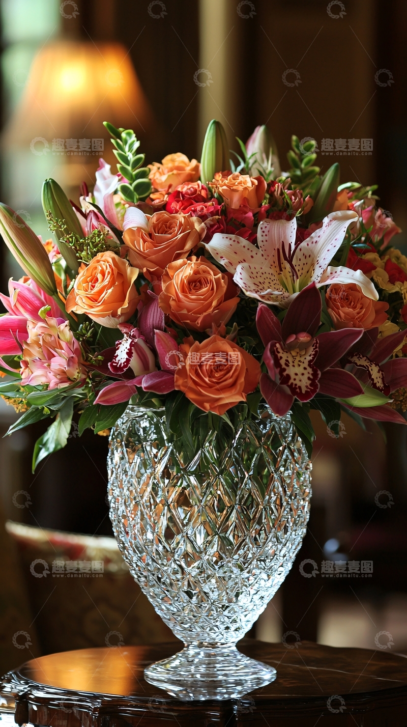 高清大图下载【趣麦麦图】水晶花瓶中的秋日花束