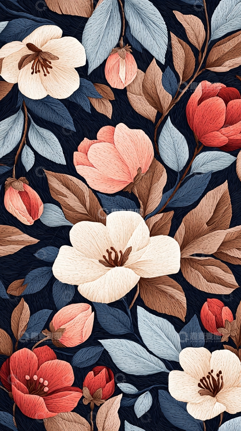 高清大图下载【趣麦麦图】深色背景上的花卉图案设计