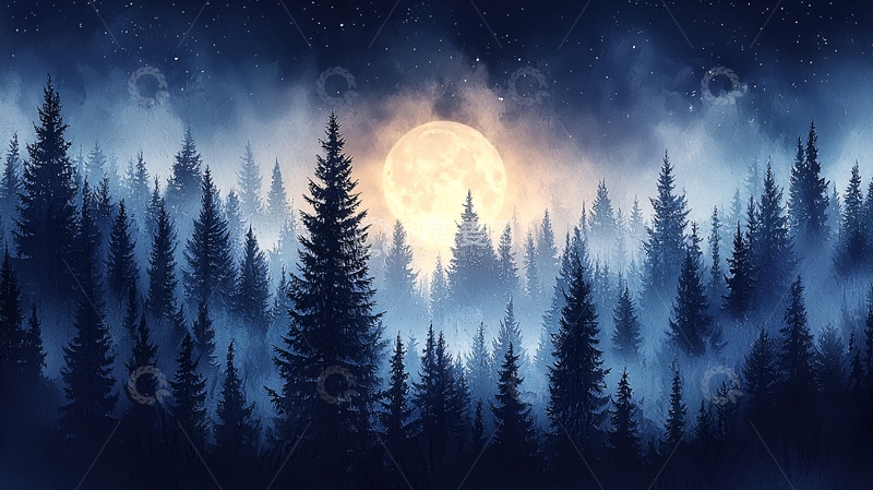 高清大图下载【趣麦麦图】月光下的松树林