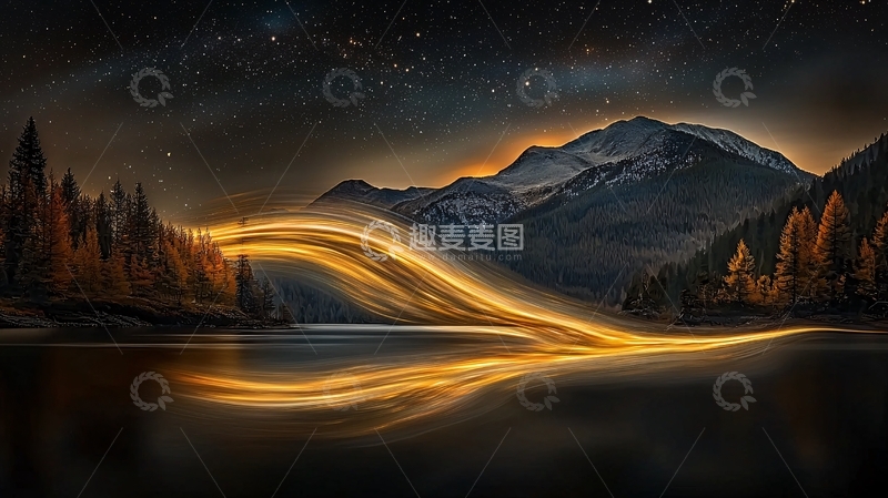 高清大图下载【趣麦麦图】夜空下湖面金光之路