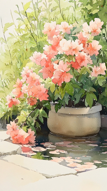 粉色花朵盆栽水彩画