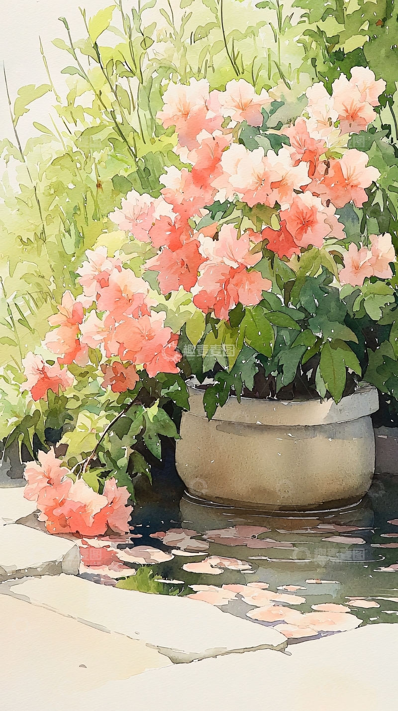 高清大图下载【趣麦麦图】粉色花朵盆栽水彩画