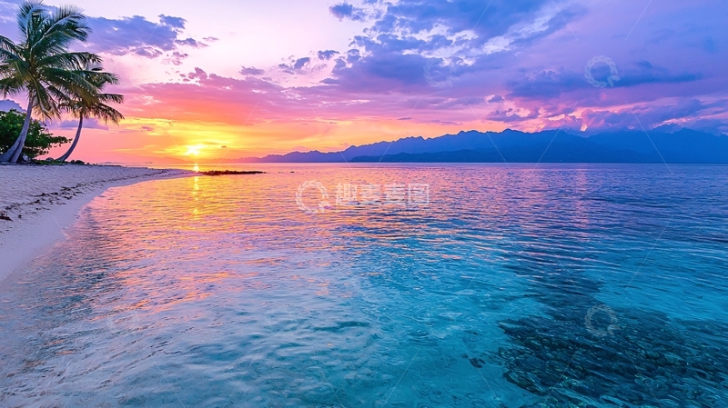 高清大图下载【趣麦麦图】日落海滩椰树风景