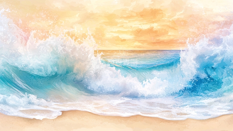 高清大图下载【趣麦麦图】海浪沙滩日落风景画