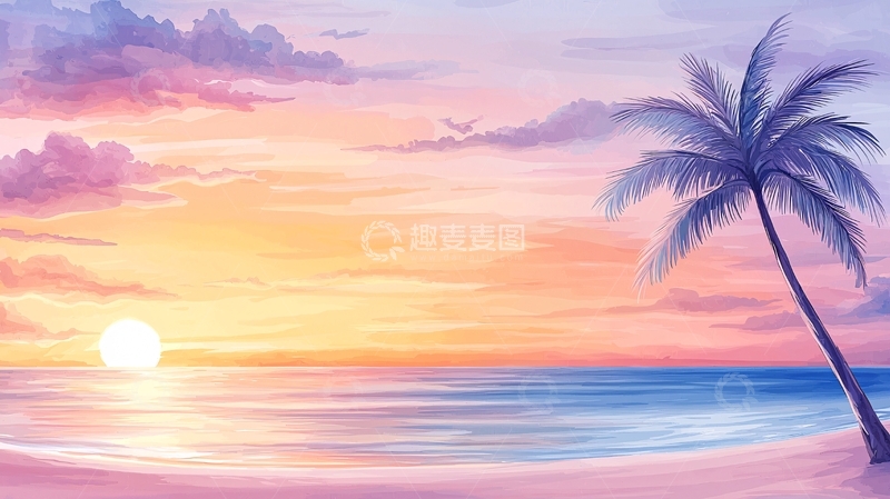 高清大图下载【趣麦麦图】日落海滩椰子树