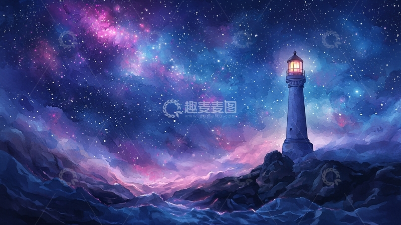高清大图下载【趣麦麦图】星空下的灯塔