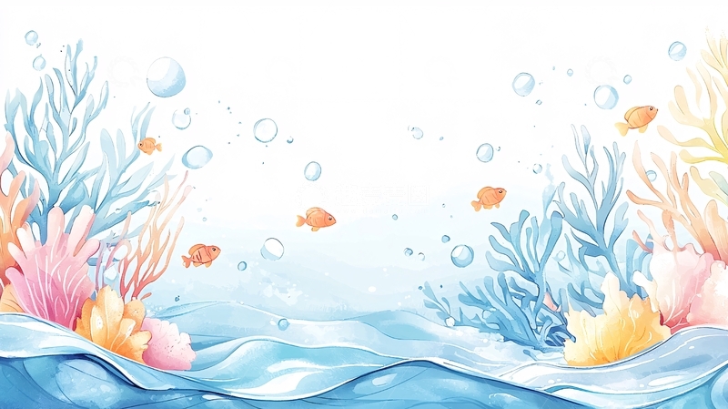 高清大图下载【趣麦麦图】海底珊瑚鱼群插画背景