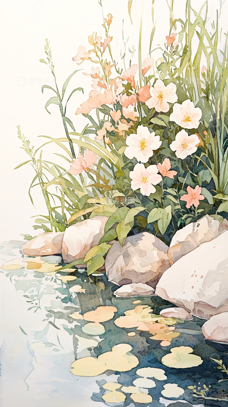 高清大图下载【趣麦麦图】水彩画中的花与石头