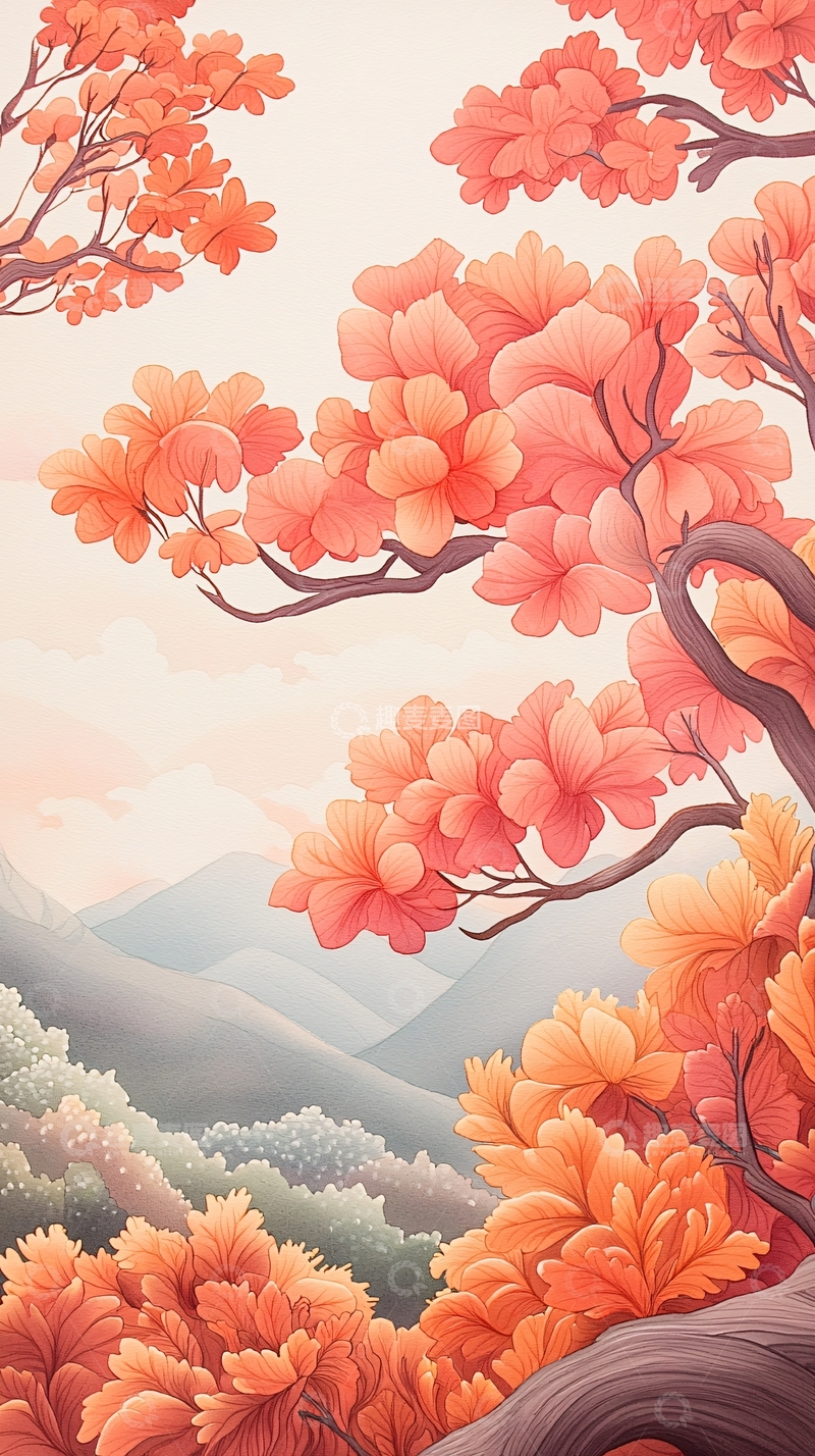 高清大图下载【趣麦麦图】秋日山林风景插画