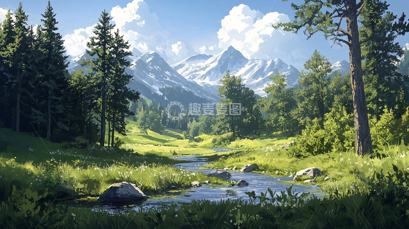 高清大图下载【趣麦麦图】雪山下的宁静溪流