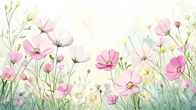 高清大图下载【趣麦麦图】粉色花朵手绘插画背景