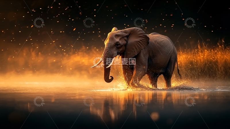 高清大图下载【趣麦麦图】夕阳下的大象漫步水边