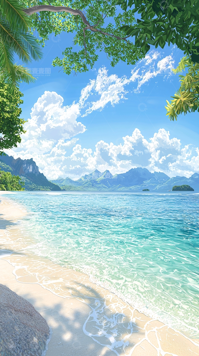 高清大图下载【趣麦麦图】热带海滩风景插画