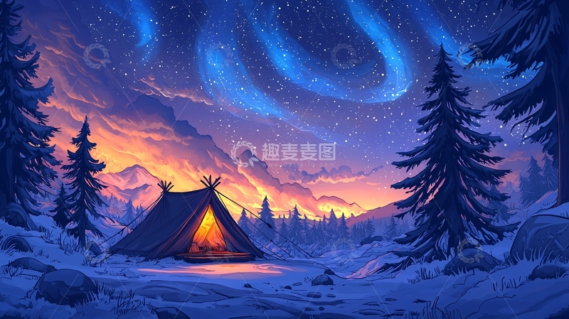 高清大图下载【趣麦麦图】雪地帐篷下的极光夜空