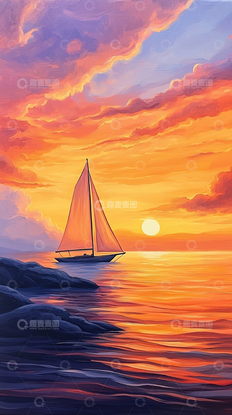 高清大图下载【趣麦麦图】日落海帆船风景画