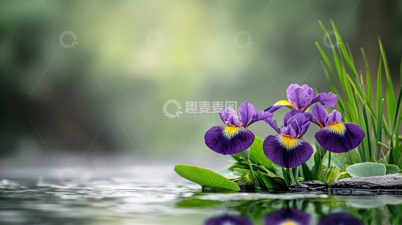 高清大图下载【趣麦麦图】紫色鸢尾花与水景
