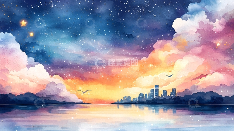 高清大图下载【趣麦麦图】梦幻夜空下的城市风景