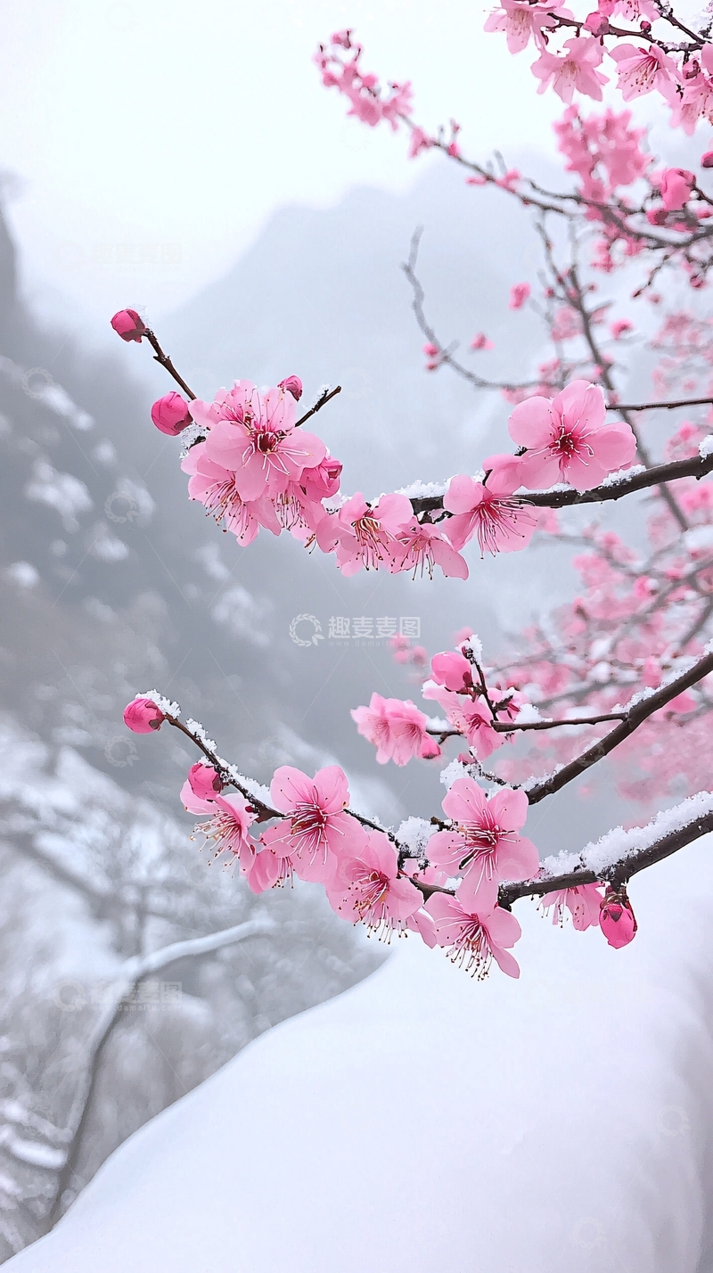 高清大图下载【趣麦麦图】雪中樱花美景