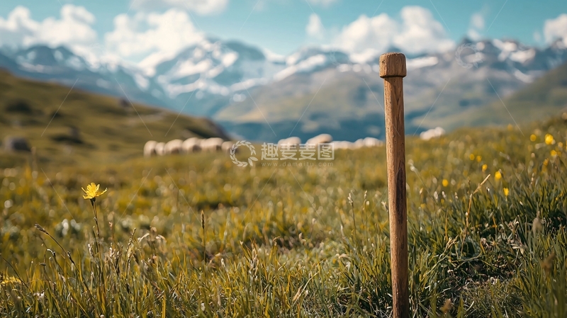 高清大图下载【趣麦麦图】山间草地上的木杖与羊群