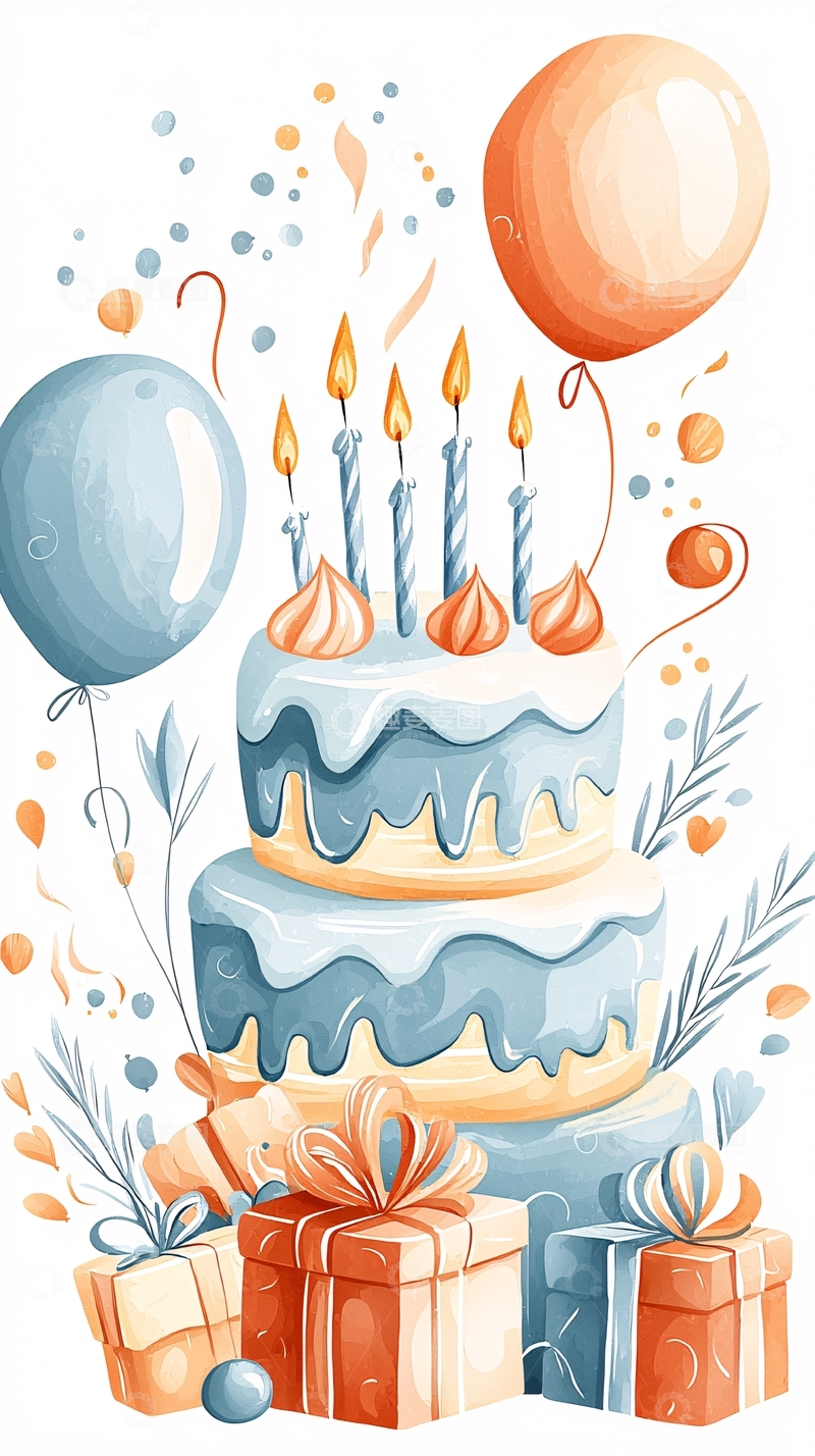 高清大图下载【趣麦麦图】生日蛋糕与气球庆祝场景
