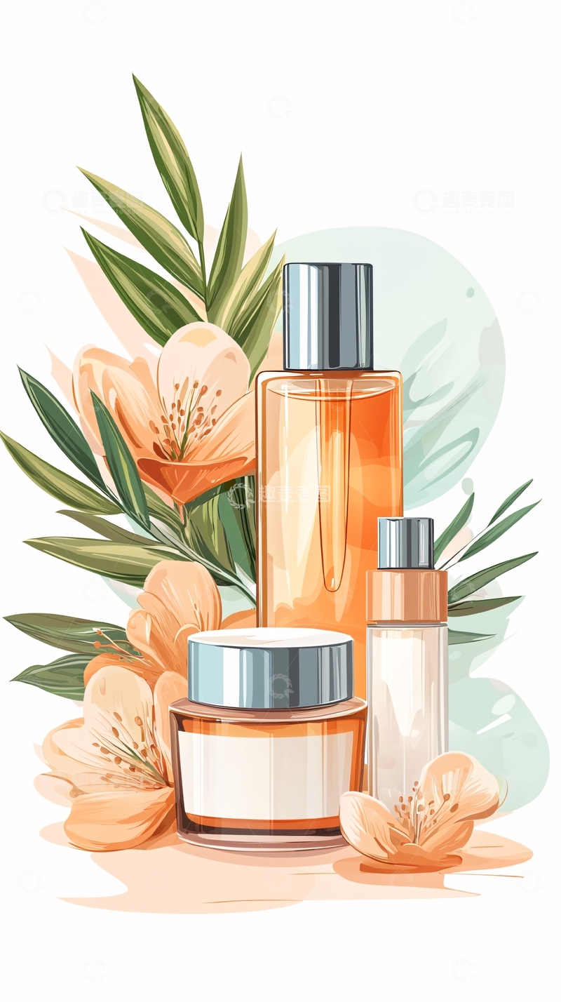 高清大图下载【趣麦麦图】橙色护肤品与花卉插画