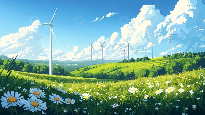 高清大图下载【趣麦麦图】绿色田野上的风力发电机