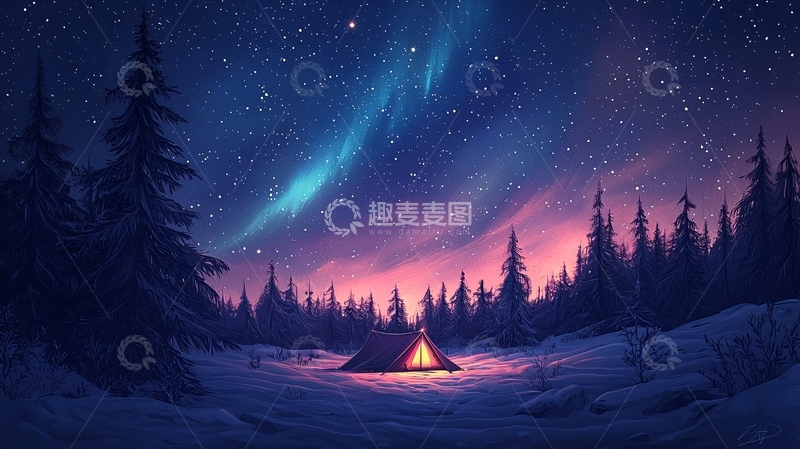 高清大图下载【趣麦麦图】夜晚雪地帐篷下的极光