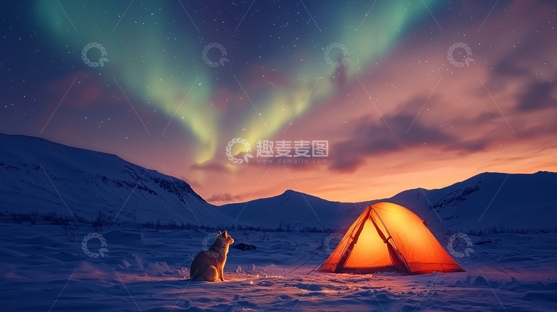 高清大图下载【趣麦麦图】极光下的帐篷与动物