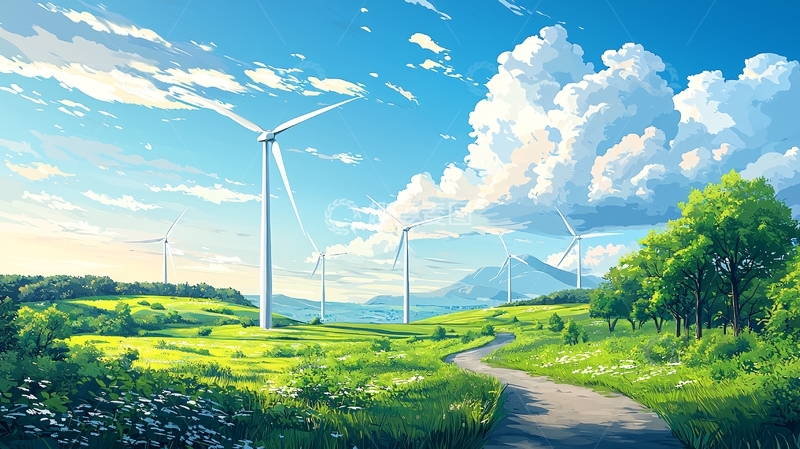 高清大图下载【趣麦麦图】绿色田野上的风力发电站