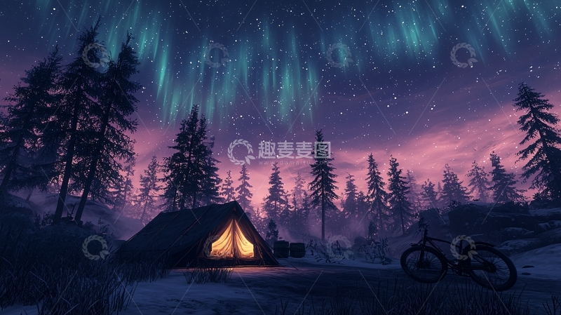 高清大图下载【趣麦麦图】极光下的帐篷营地