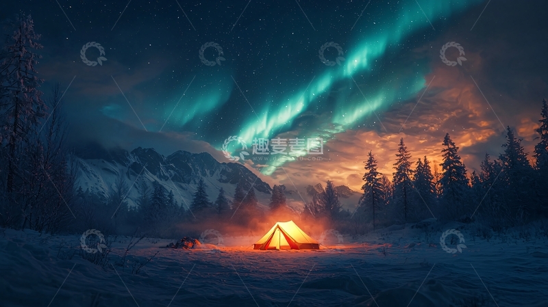 高清大图下载【趣麦麦图】极光下的帐篷营地