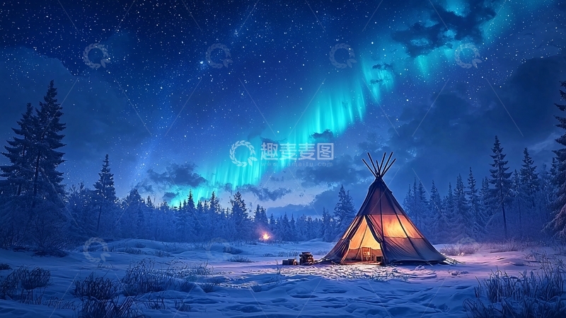 高清大图下载【趣麦麦图】极光下的帐篷营地
