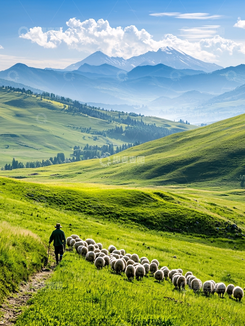 高清大图下载【趣麦麦图】牧羊人与羊群在山间牧场