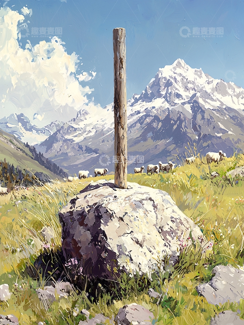 高清大图下载【趣麦麦图】阿尔卑斯山上的羊群与木桩