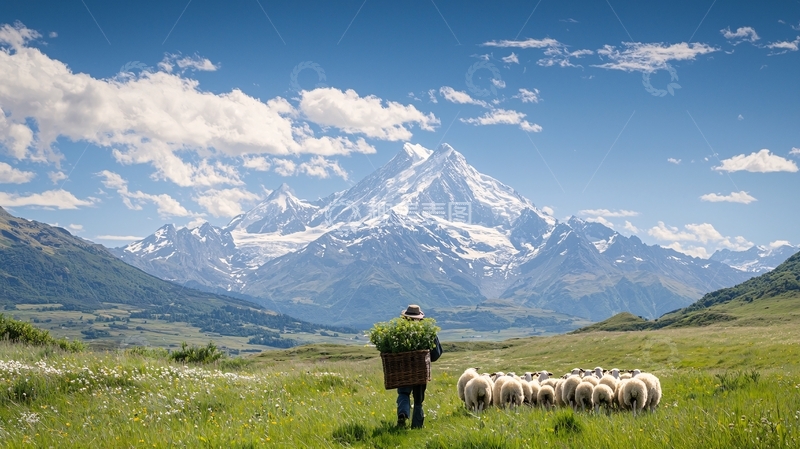 高清大图下载【趣麦麦图】阿尔卑斯山下的羊群与牧人