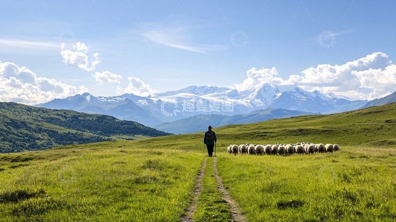 高清大图下载【趣麦麦图】牧羊人与羊群在山间牧场