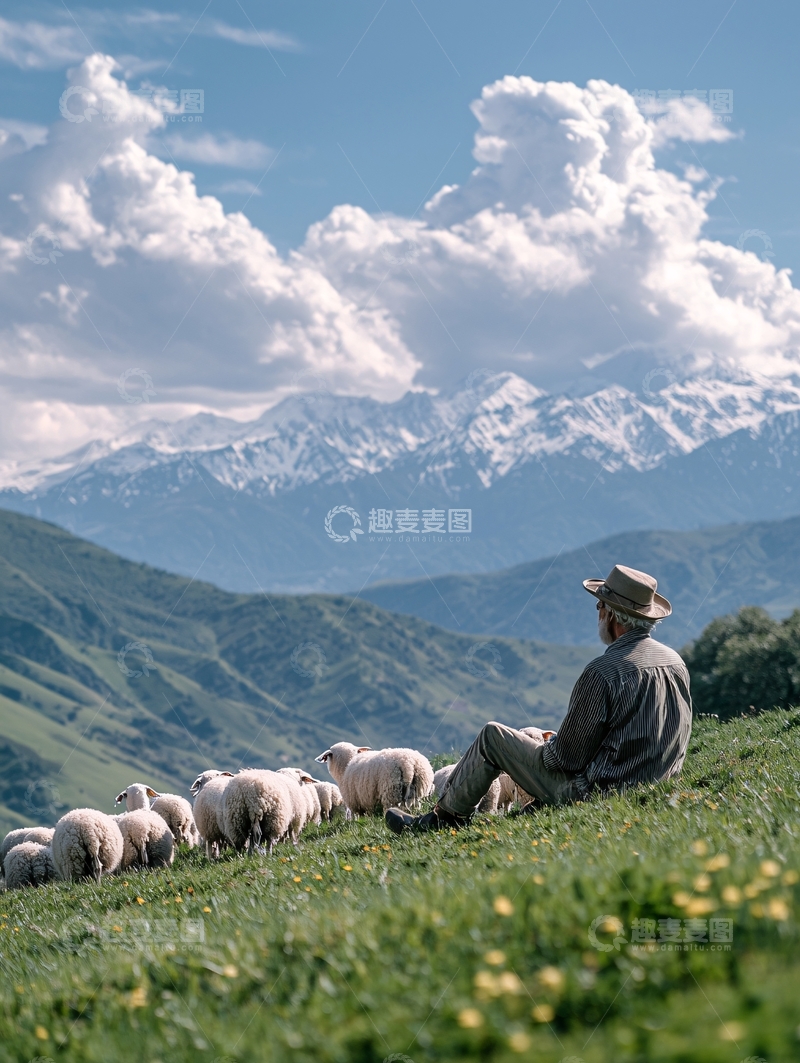 高清大图下载【趣麦麦图】牧羊人与羊群在山间