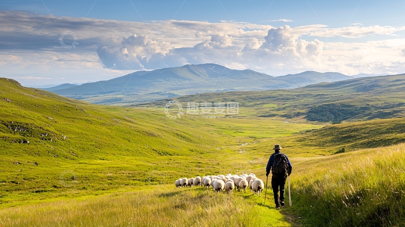 高清大图下载【趣麦麦图】牧羊人与羊群在绿色山谷中