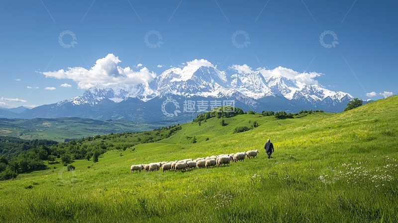 高清大图下载【趣麦麦图】雪山下的羊群与牧人