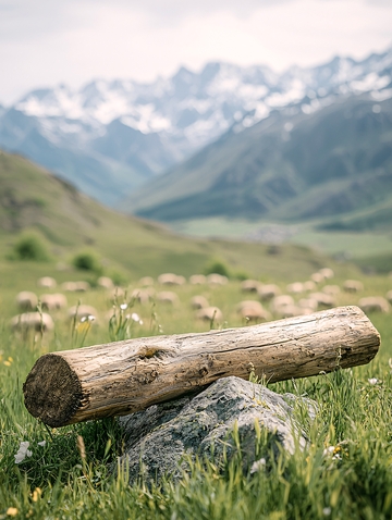 山间草地上的木桩与羊群
