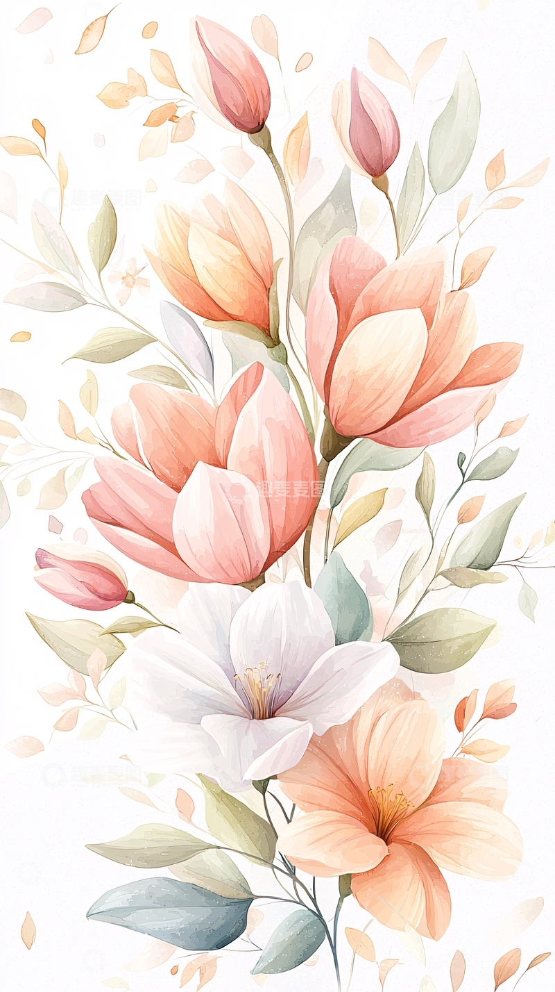 高清大图下载【趣麦麦图】粉白花朵手绘插画素材