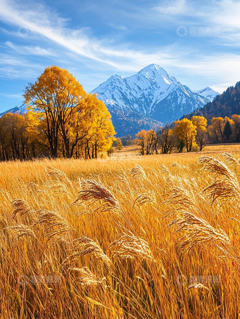 高清大图下载【趣麦麦图】金色田野雪山蓝天