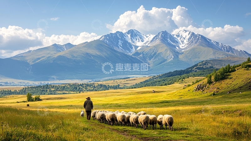 高清大图下载【趣麦麦图】牧羊人与羊群在山间牧场