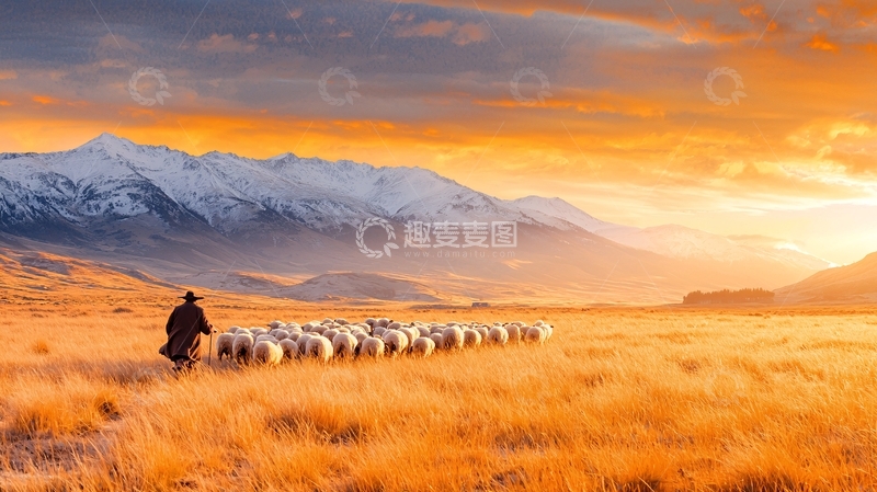 高清大图下载【趣麦麦图】夕阳下的牧羊人与羊群