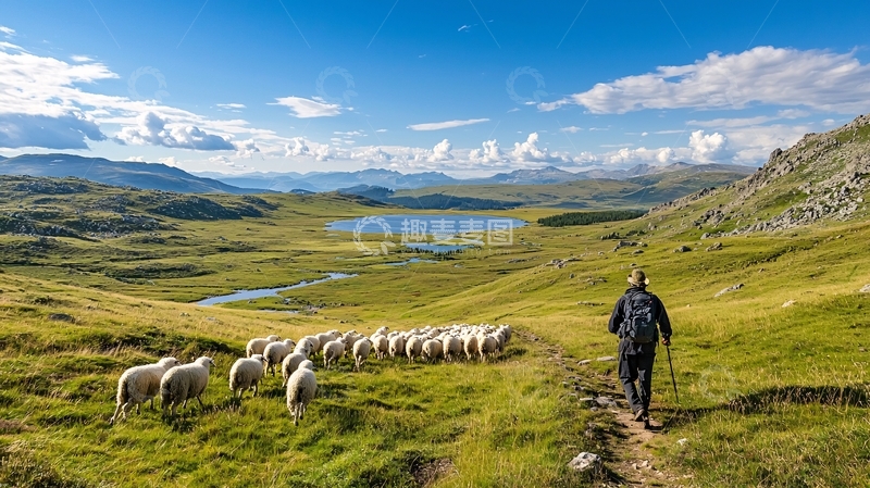 高清大图下载【趣麦麦图】牧羊人与羊群的田园风光