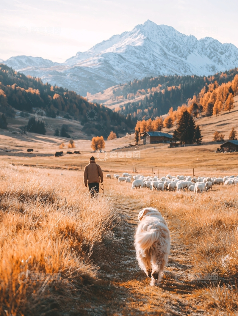 高清大图下载【趣麦麦图】秋日山间牧羊人与狗
