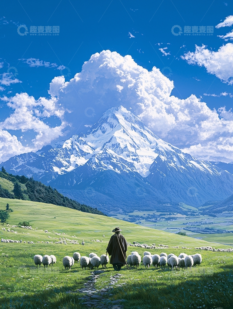 高清大图下载【趣麦麦图】雪山下的牧羊人