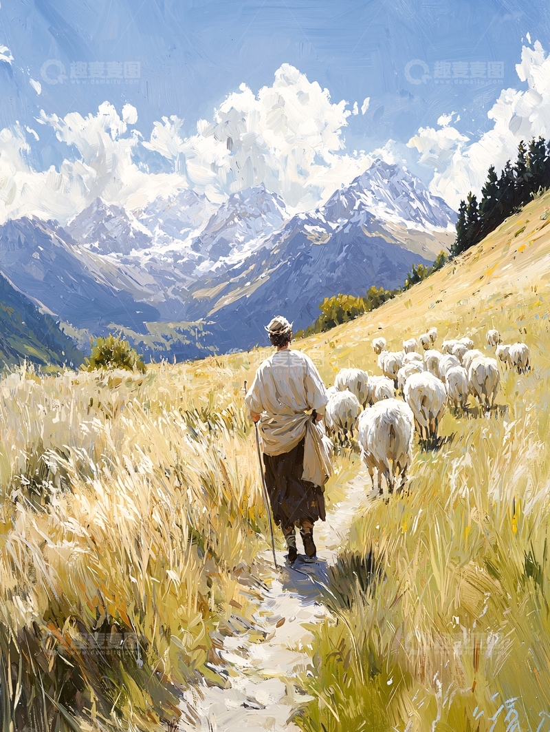 高清大图下载【趣麦麦图】牧羊人与羊群的山间小径