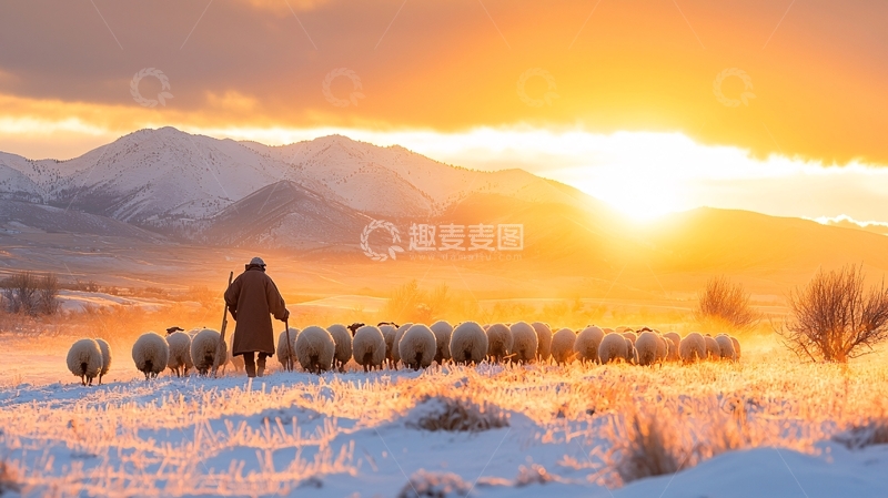 高清大图下载【趣麦麦图】夕阳下的牧羊人与羊群