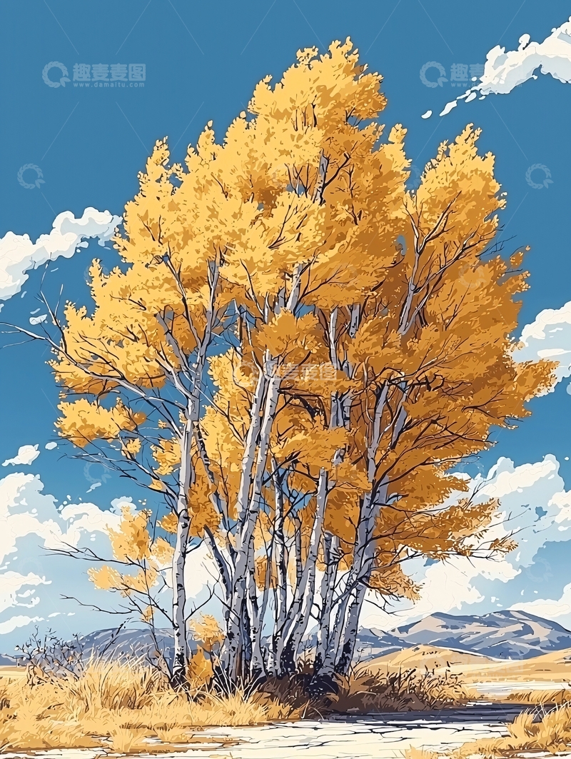 高清大图下载【趣麦麦图】秋日金黄树木在蓝天下